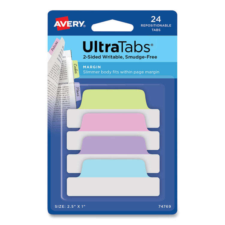 Avery - Ultra Tabs Repositionable Tabs, Margin Tabs: 2.5" x 1", 1/5-Cut, Assorted Pastel Colors, 24/Pack