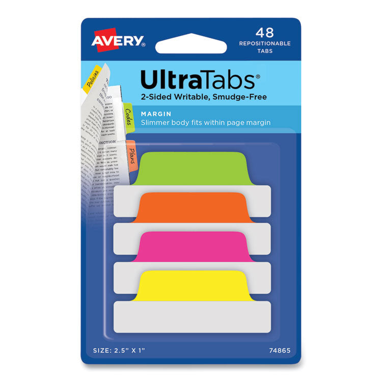 Avery - Ultra Tabs Repositionable Tabs, Margin Tabs: 2.5" x 1", 1/5-Cut, Assorted Neon Colors, 48/Pack