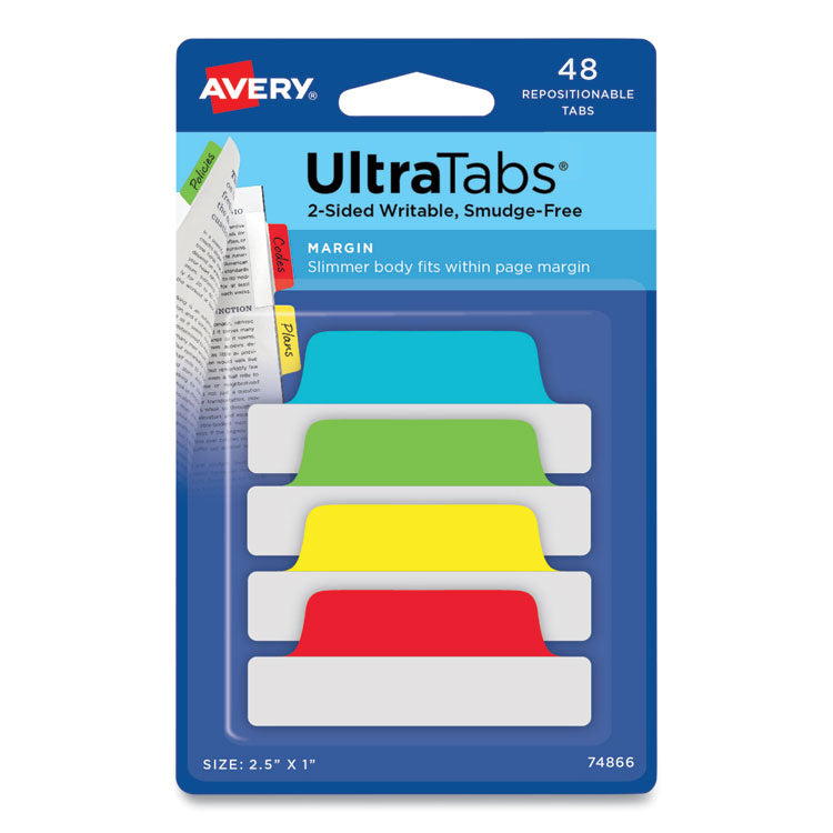 Avery - Ultra Tabs Repositionable Tabs, Margin Tabs: 2.5" x 1", 1/5-Cut, Assorted Colors, 48/Pack