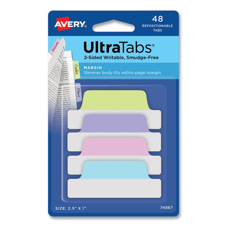 Avery - Ultra Tabs Repositionable Tabs, Margin Tabs: 2.5" x 1", 1/5-Cut, Assorted Pastel Colors, 48/Pack