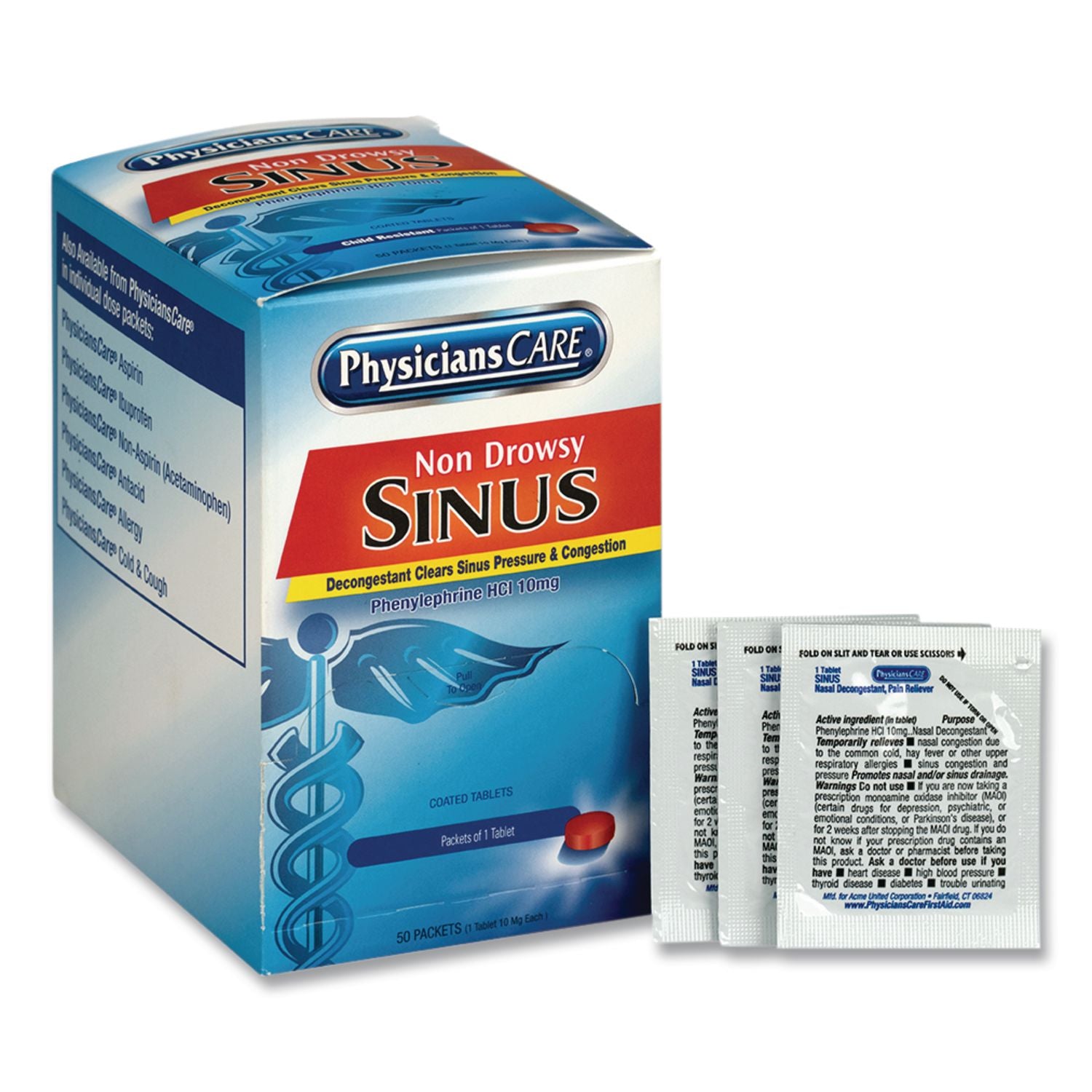 Non-Drowsy Sinus Decongestant Congestion Medication, One Tablet/Pack, 50 Packs/Box