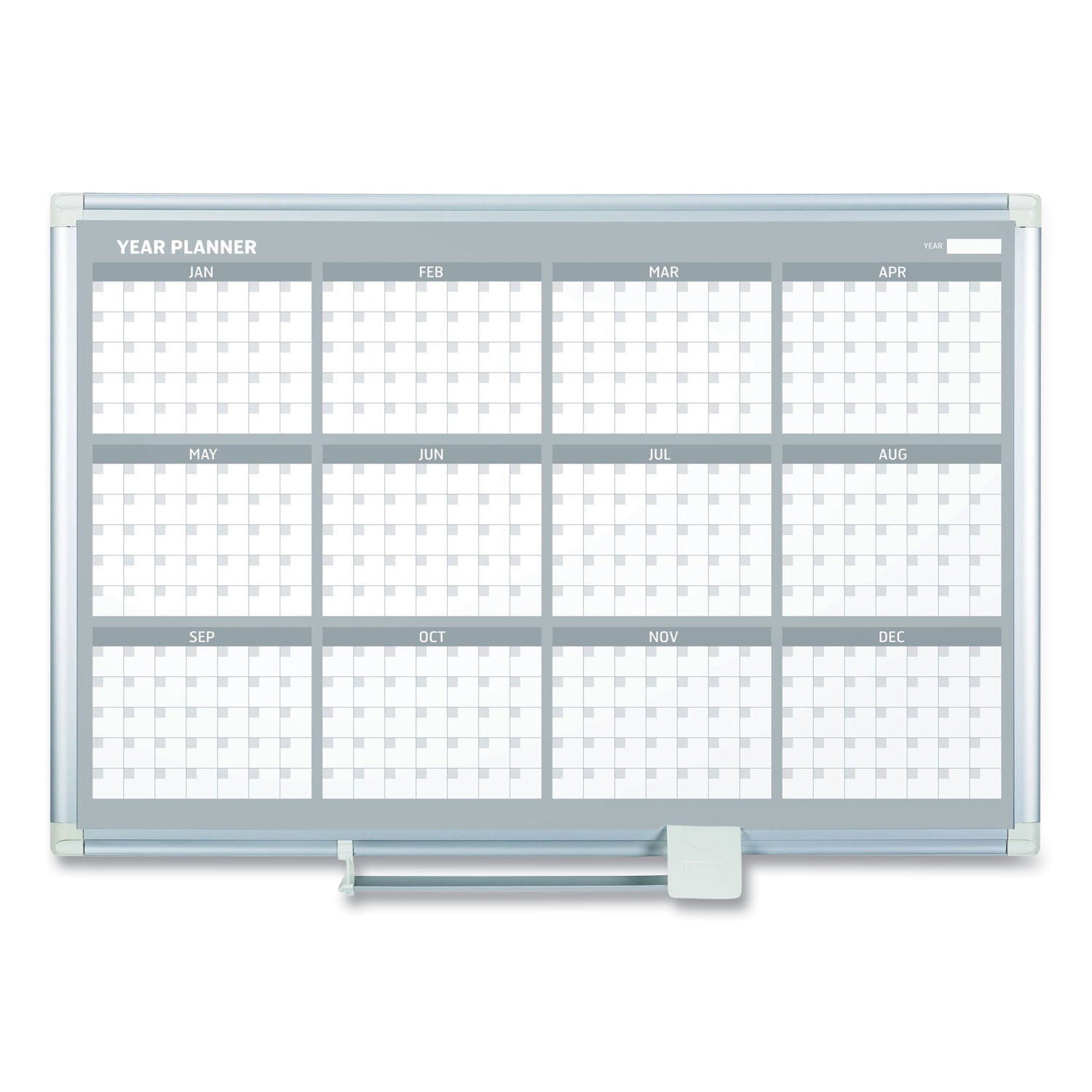 Magnetic Dry Erase Calendar Board, 12-Month Planning/Scheduling, 36" x 24", White Surface, Satin Aluminum Frame
