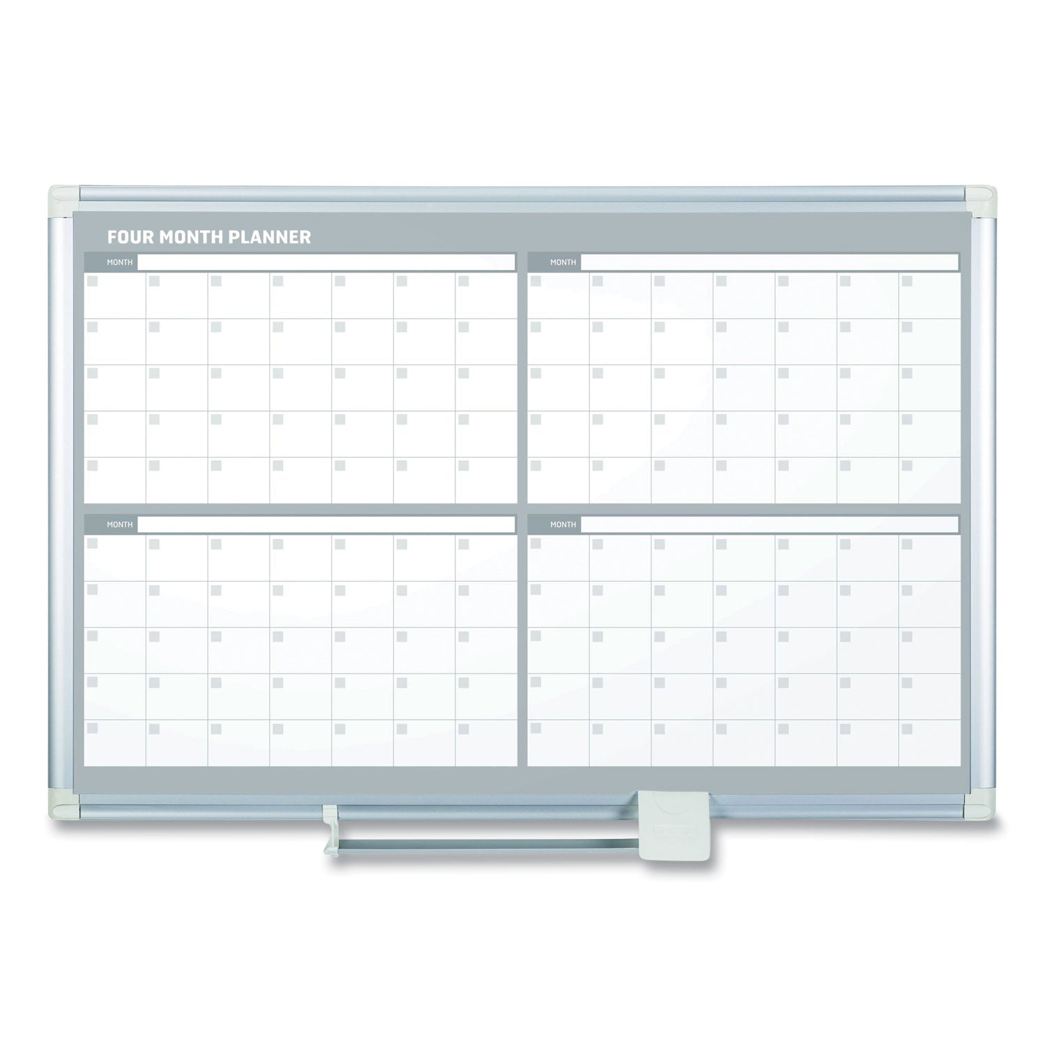 Magnetic Dry Erase Calendar Board, Four-Month Planning/Scheduling, 48" x 36", White Surface, Satin Aluminum Frame