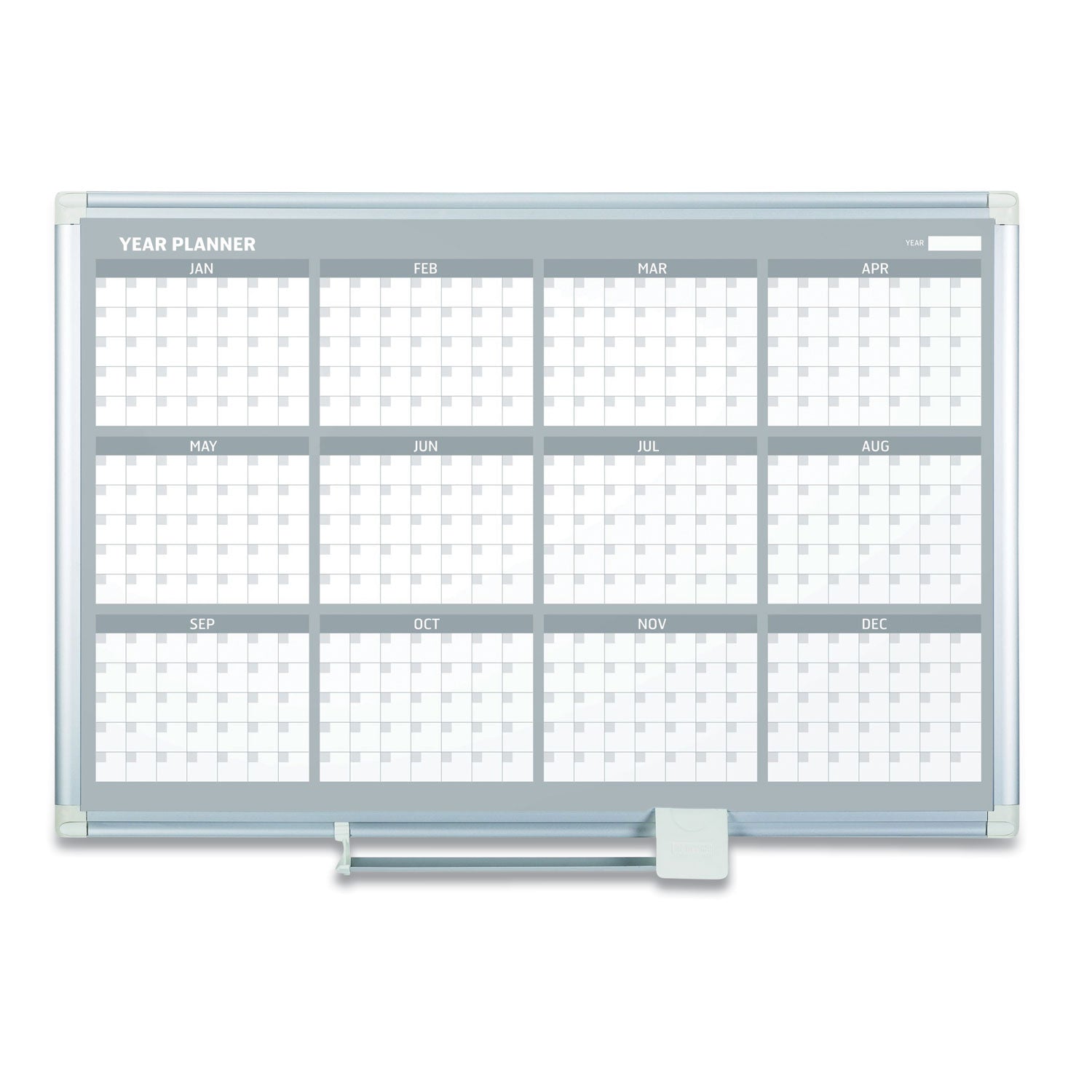 Magnetic Dry Erase Calendar Board, 12-Month Planning/Scheduling, 48" x 36", White Surface, Satin Aluminum Frame