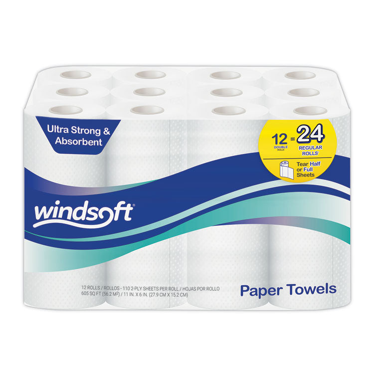 Windsoft - Premium Kitchen Roll Towels, 2-Ply, 11 x 6, White, 110/Roll, 12 Rolls/Carton