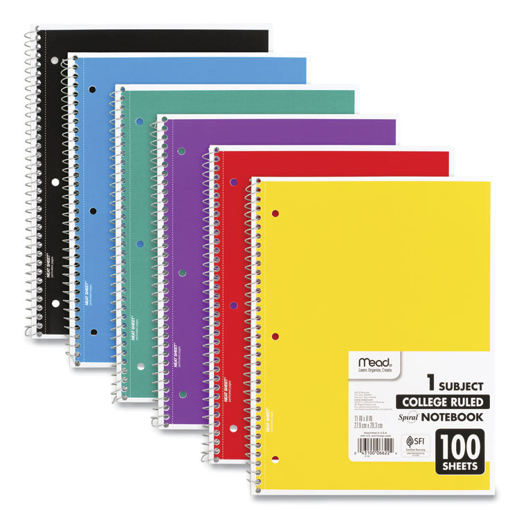 Mead - Spiral Notebook, 3-Hole Punched, 1-Subject, Medium/College Rule, Randomly Assorted Cover Color, (100) 11 x 8 Sheets