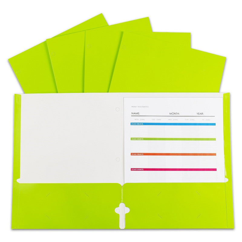 C-LINE - 2-Pocket Laminated Paper Portfolios with 3-Hole Punch, Lime Green, Box of 25