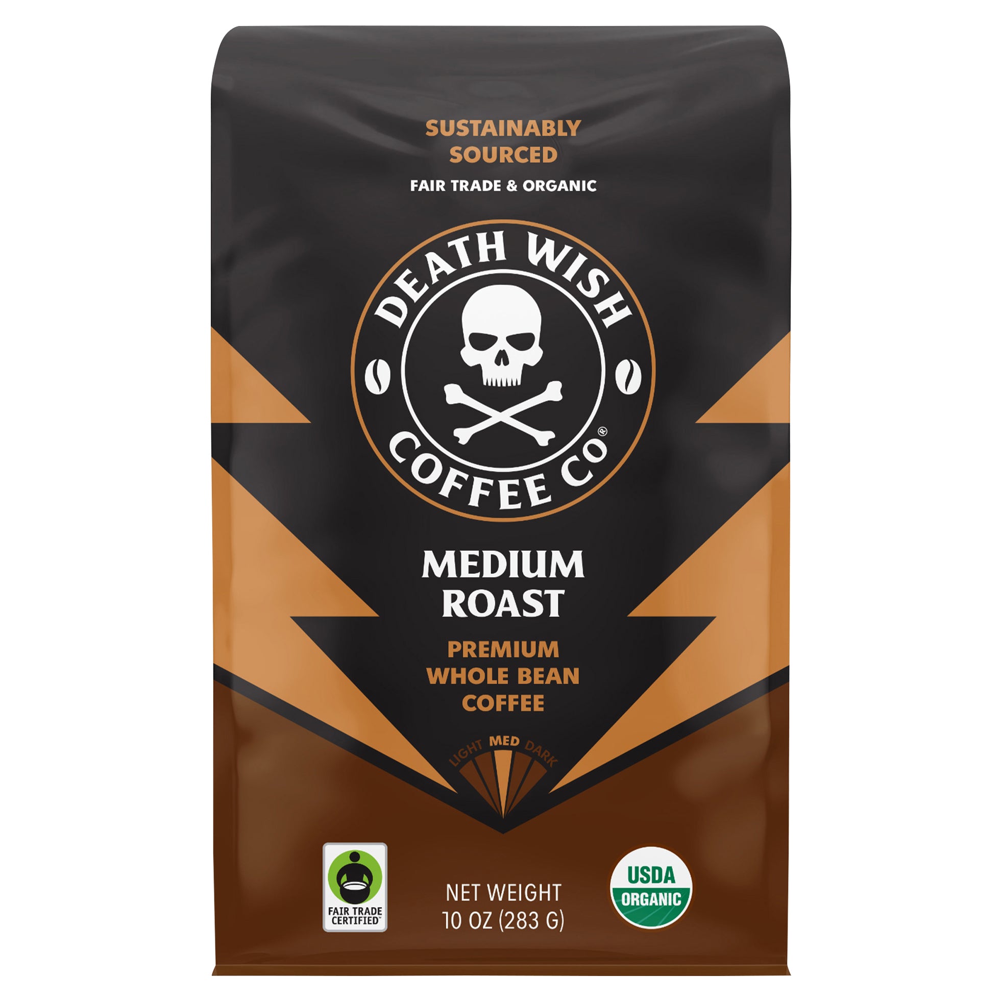 Death Wish Coffee, Organic and Fair Trade, Medium Roast, Whole Bean Coffee, 10 oz - Case of 6