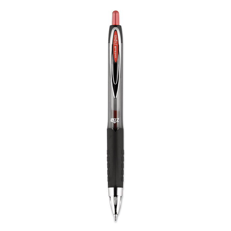 uniball - Signo 207 Gel Pen, Retractable, Medium 0.7 mm, Red Ink, Smoke/Black/Red Barrel, Dozen