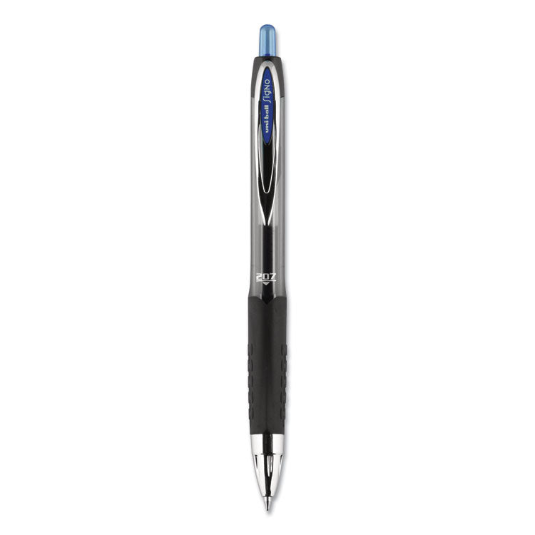uniball - Signo 207 Gel Pen, Retractable, Medium 0.7 mm, Blue Ink, Smoke/Black/Blue Barrel, Dozen