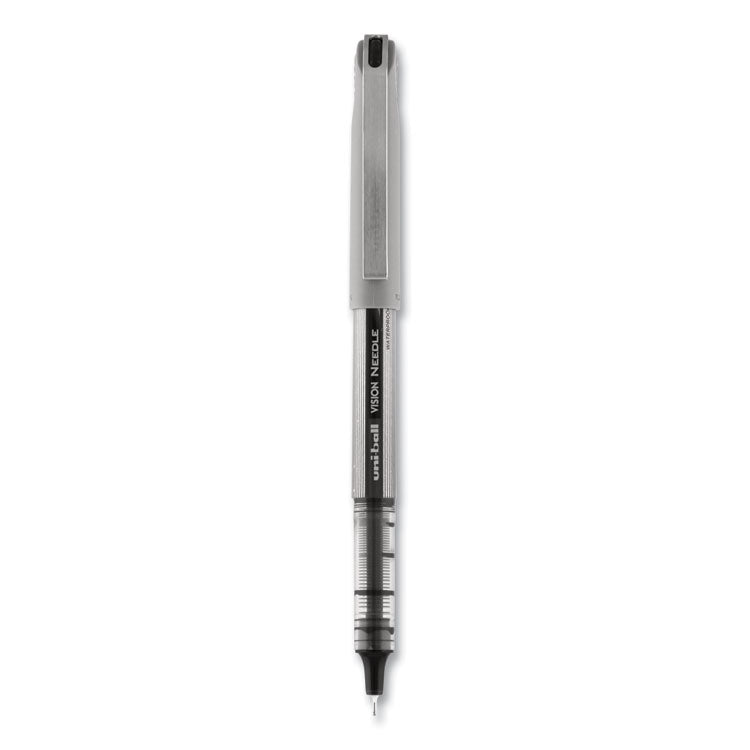 uniball - VISION Needle Roller Ball Pen, Stick, Fine 0.7 mm, Black Ink, Silver Barrel, Dozen