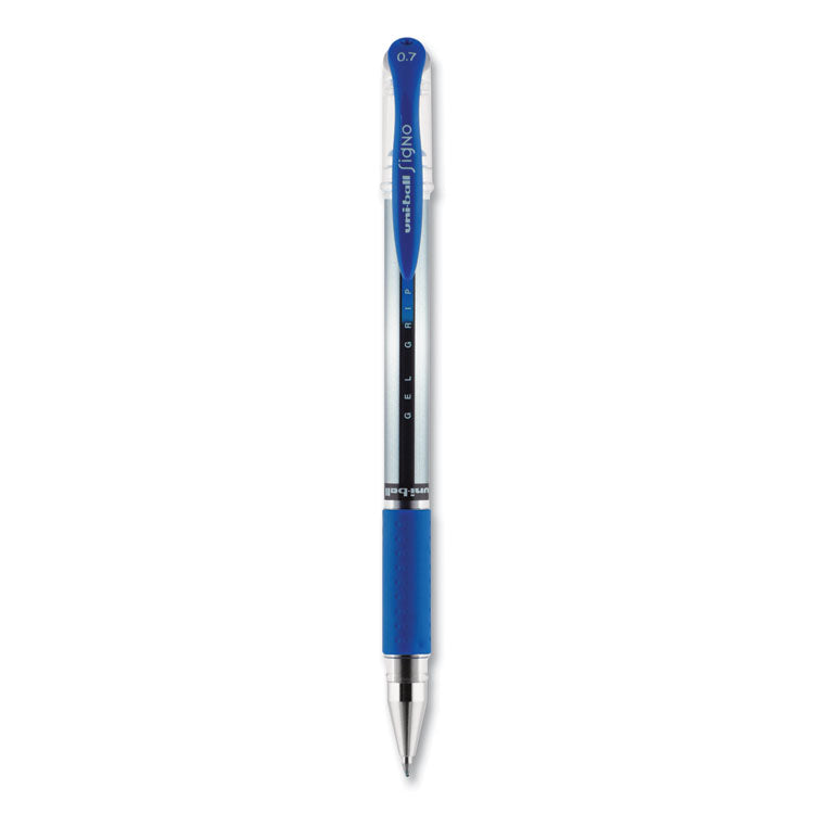 uniball - Signo GRIP Gel Pen, Stick, Medium 0.7 mm, Blue Ink, Silver/Blue Barrel, Dozen