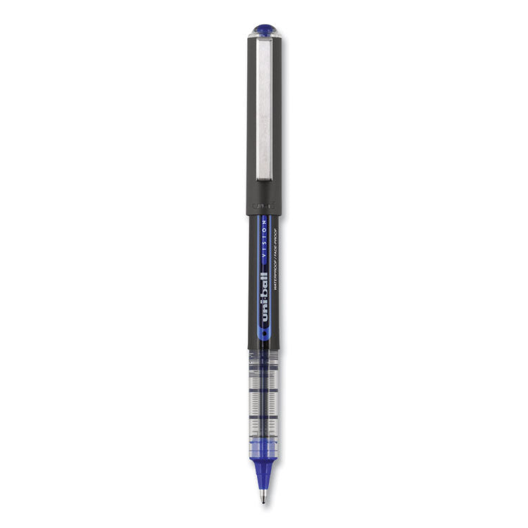 uniball - VISION Roller Ball Pen, Stick, Bold 1 mm, Blue Ink, Black/Blue Barrel, Dozen