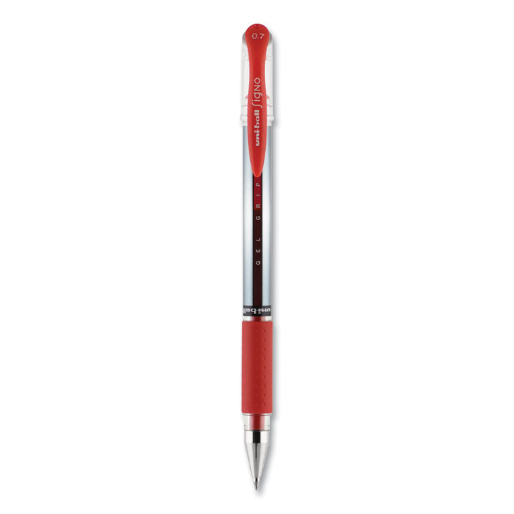 uniball - Signo GRIP Gel Pen, Stick, Medium 0.7 mm, Red Ink, Silver/Red Barrel, Dozen