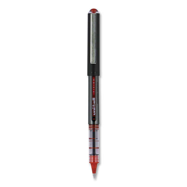 uniball - VISION Roller Ball Pen, Stick, Micro 0.5 mm, Red Ink, Gray/Red Barrel, Dozen