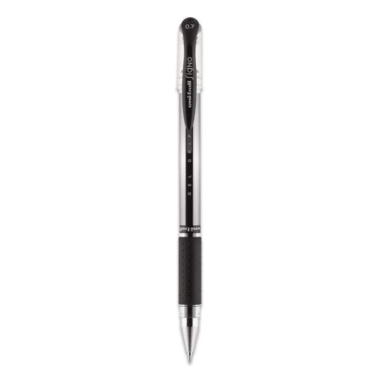 uniball - Signo GRIP Gel Pen, Stick, Medium 0.7 mm, Black Ink, Silver/Black Barrel, Dozen