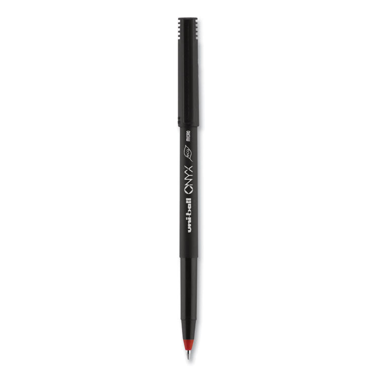 uniball - ONYX Roller Ball Pen, Stick, Micro 0.5 mm, Red Ink, Black Matte Barrel, Dozen