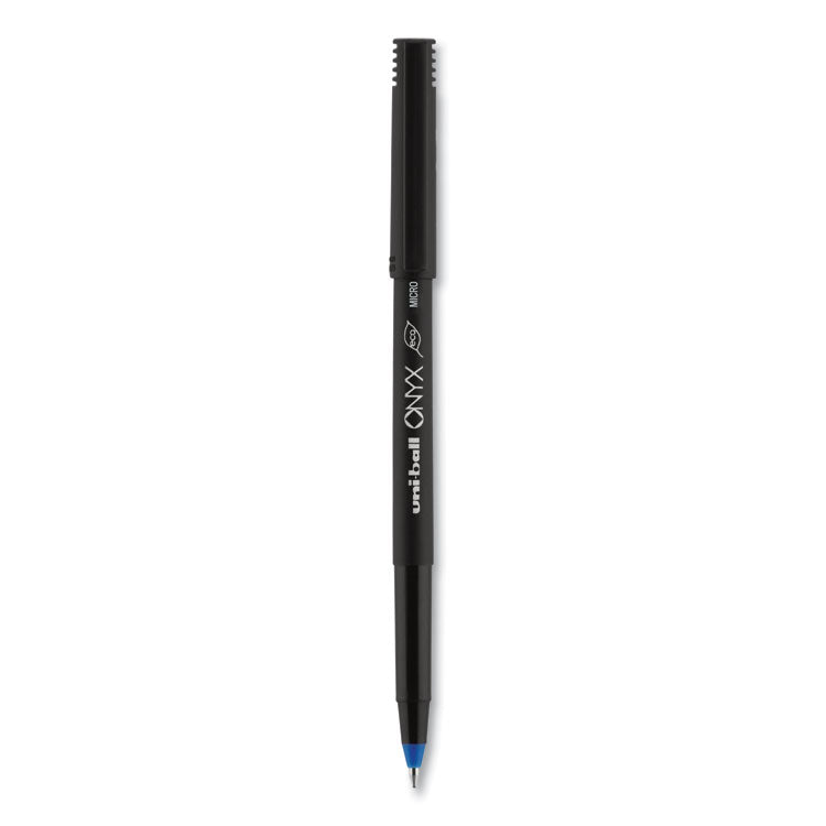 uniball - ONYX Roller Ball Pen, Stick, Micro 0.5 mm, Blue Ink, Black Matte Barrel, Dozen