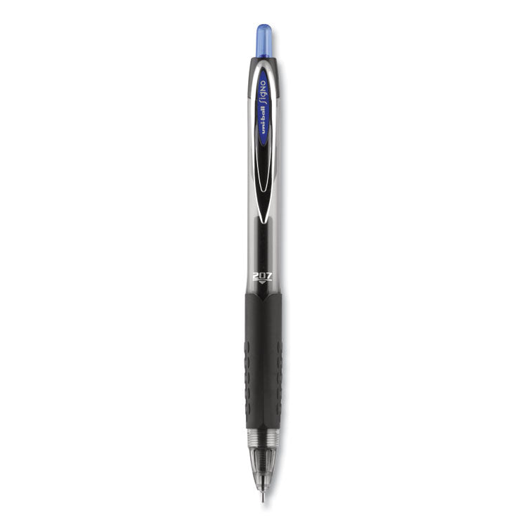 uniball - Signo 207 Needle Point Gel Pen, Retractable, Medium 0.7 mm, Blue Ink, Black Barrel, Dozen