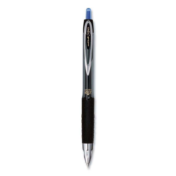 uniball - Signo 207 Gel Pen, Retractable, Micro 0.5 mm, Blue Ink, Smoke/Black/Blue Barrel, Dozen