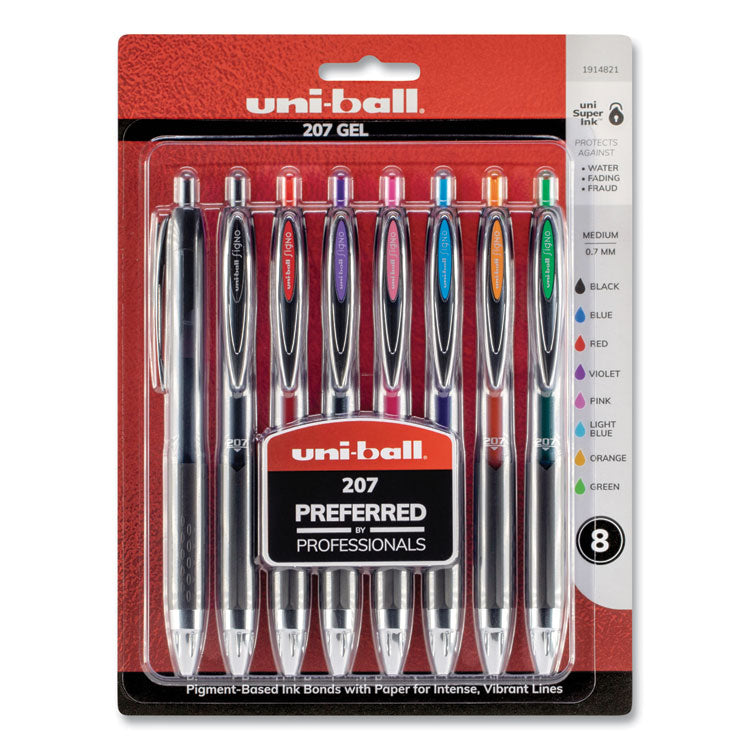 uniball - Signo 207 Gel Pen, Retractable, Medium 0.7 mm, Assorted Ink Colors, Black Barrel, 8/Pack