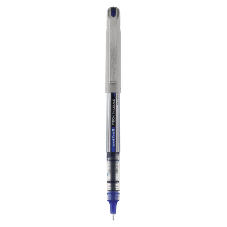 uniball - VISION Needle Roller Ball Pen, Stick, Fine 0.7 mm, Blue Ink, Silver Barrel, Dozen