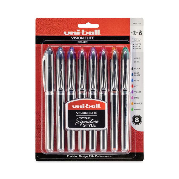 uniball - VISION ELITE Roller Ball Pen, Stick, Micro 0.5 mm, Assorted Ink Colors, Black Barrel