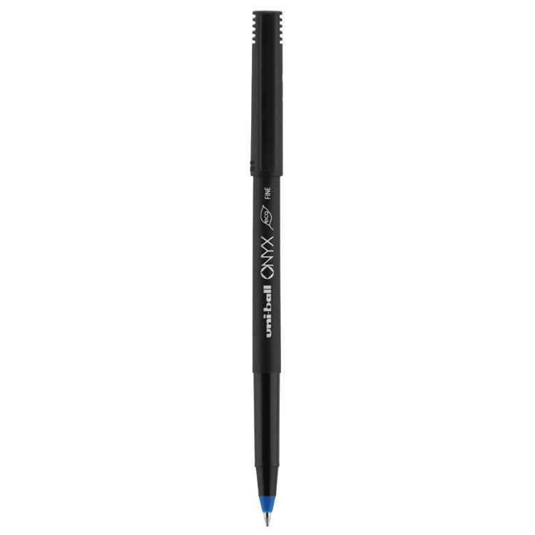uniball - ONYX Roller Ball Pen, Stick, Fine 0.7 mm, Blue Ink, Black Matte Barrel, 72/Pack