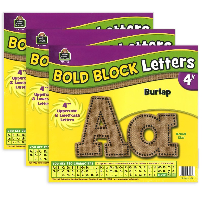 TEACHER CREATED RESOURCES - Burlap Design Bold Block 4" Letters Combo Pack, 230 Characters Per Pack, 3 Packs