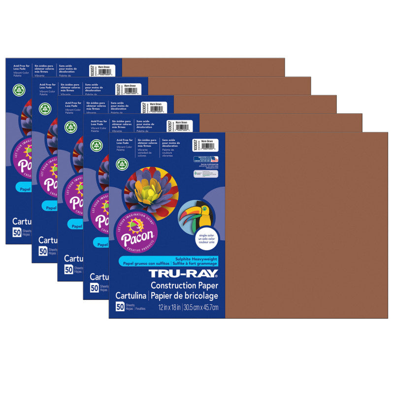 TRU-RAY - Construction Paper, Warm Brown, 12" x 18", 50 Sheets Per Pack, 5 Packs
