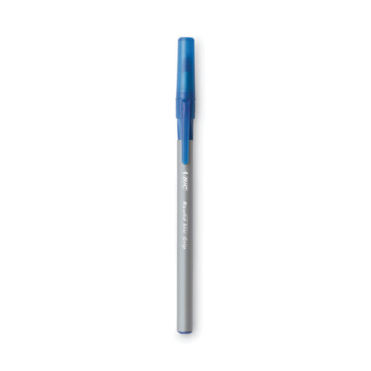 BIC - Round Stic Grip Xtra Comfort Ballpoint Pen, Stick, Fine 0.8 mm, Blue Ink, Gray/Blue Barrel, Dozen