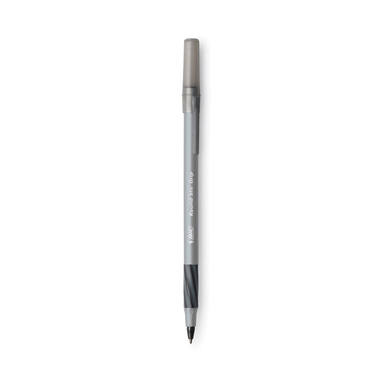 BIC - Round Stic Grip Xtra Comfort Ballpoint Pen, Stick, Fine 0.8 mm, Black Ink, Gray/Black Barrel, Dozen