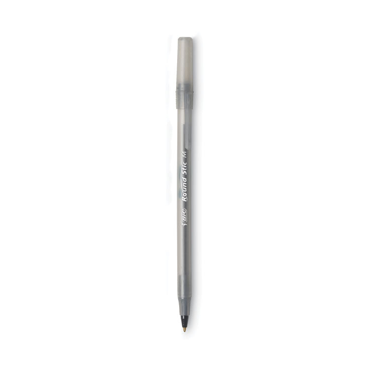 BIC - Round Stic Xtra Life Ballpoint Pen, Stick, Medium 1 mm, Black Ink, Smoke Barrel, Dozen