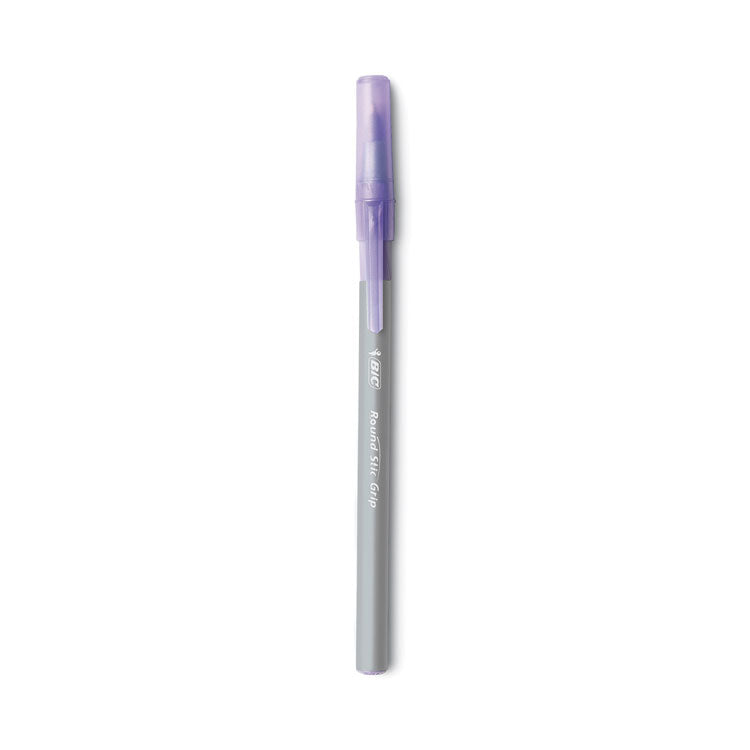 BIC - Round Stic Grip Xtra Comfort Ballpoint Pen, Easy-Glide, Stick, Medium 1.2 mm, Purple Ink, Gray/Purple Barrel, Dozen