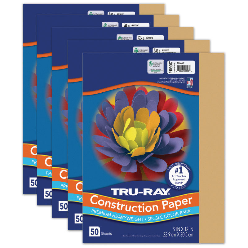 TRU-RAY - Fade-Resistant Construction Paper, Almond, 9" x 12", 50 Sheets Per Pack, 5 Packs