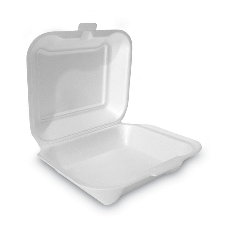 Plastifar - Foam Hinged Lid Container, Secure One Tab Latch, Poly Bag, 7.81 x 8.75 x 3.38, White, 100/Sleeve, 2 Sleeves/Bag, 1 Bag/Pack