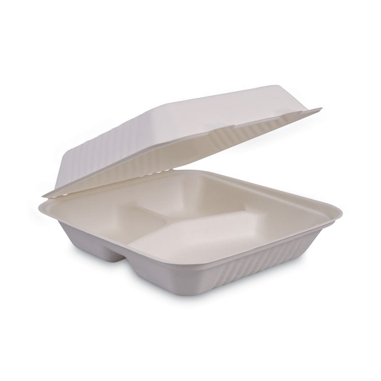 Boardwalk - Bagasse Food Containers, Hinged-Lid, 3-Compartment 9 x 9 x 3.19, White, Sugarcane, 100/Sleeve, 2 Sleeves/Carton