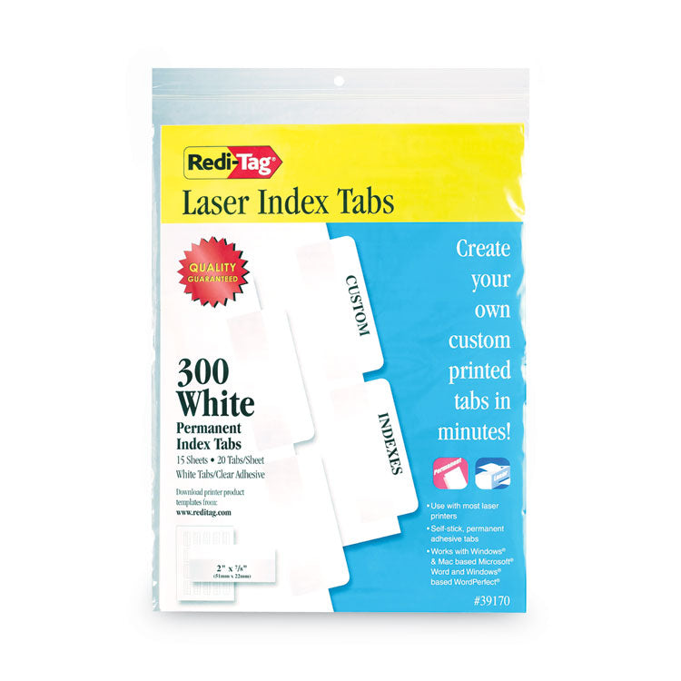 Redi-Tag - Laser Printable Index Tabs, 1/5-Cut, White, 2" Wide, 300/Pack
