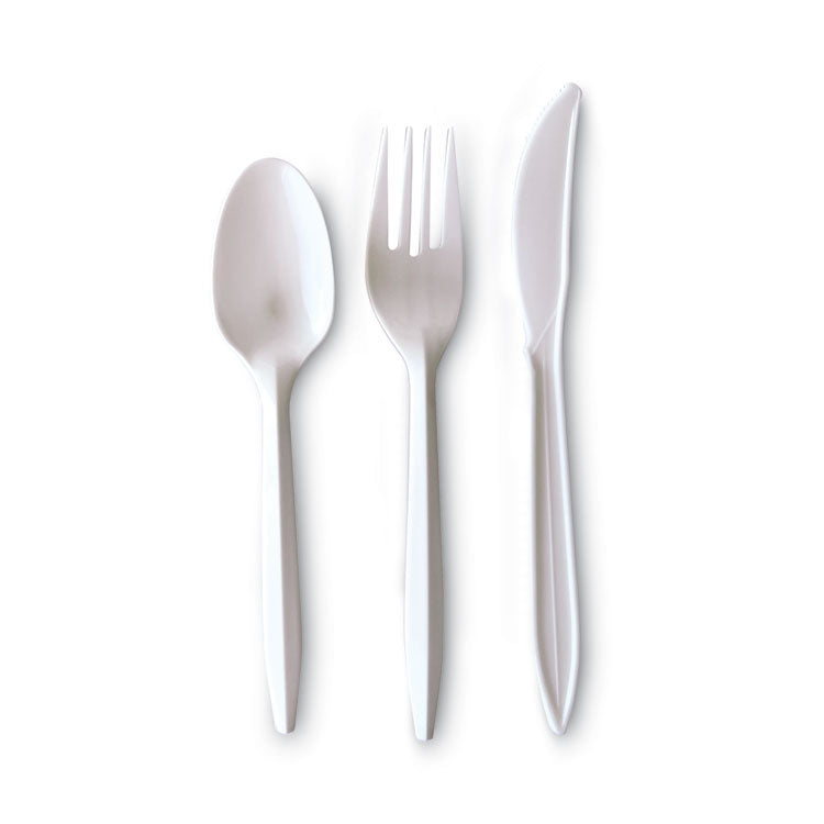 Boardwalk - Three-Piece Cutlery Kit, Fork/Knife/Teaspoon, Polypropylene, White, 250/Carton