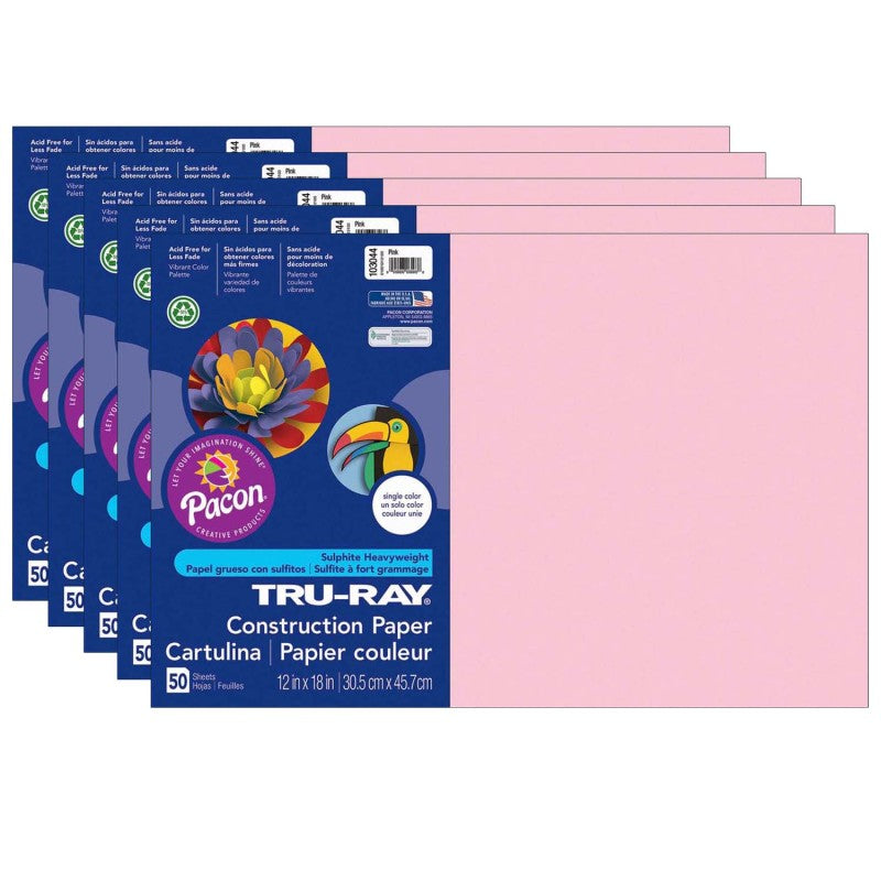 TRU-RAY - Construction Paper, Pink, 12" x 18", 50 Sheets Per Pack, 5 Packs (PAC103044-5)