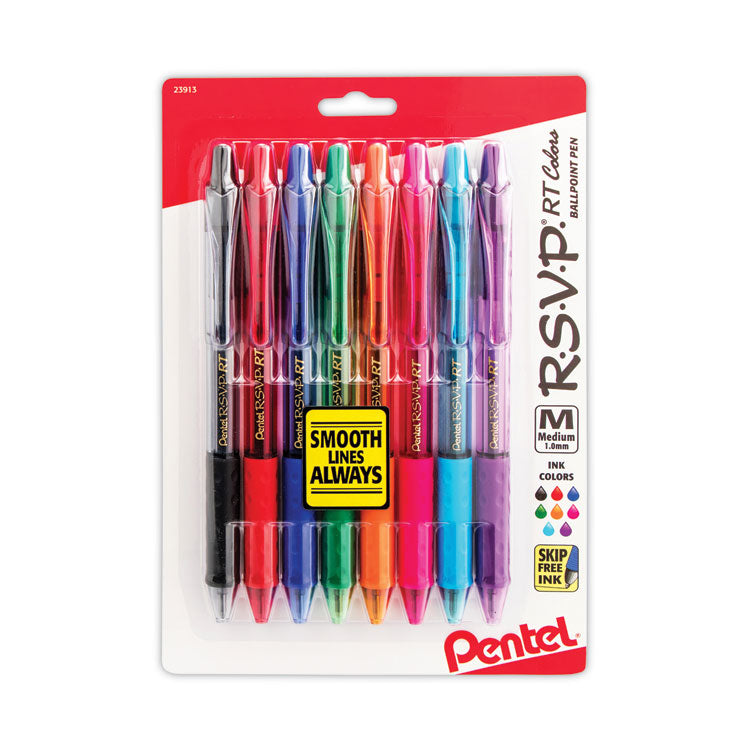 Pentel - R.S.V.P. RT Ballpoint Pen, Retractable, Medium 1 mm, Assorted Ink Colors, Clear Barrel, 8/Pack