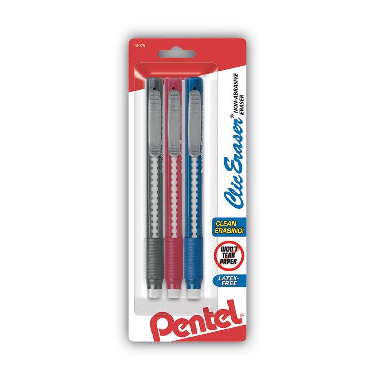 Pentel - Clic Eraser Grip Eraser, For Pencil Marks, White Eraser, Randomly Assorted Barrel Color, 3/Pack