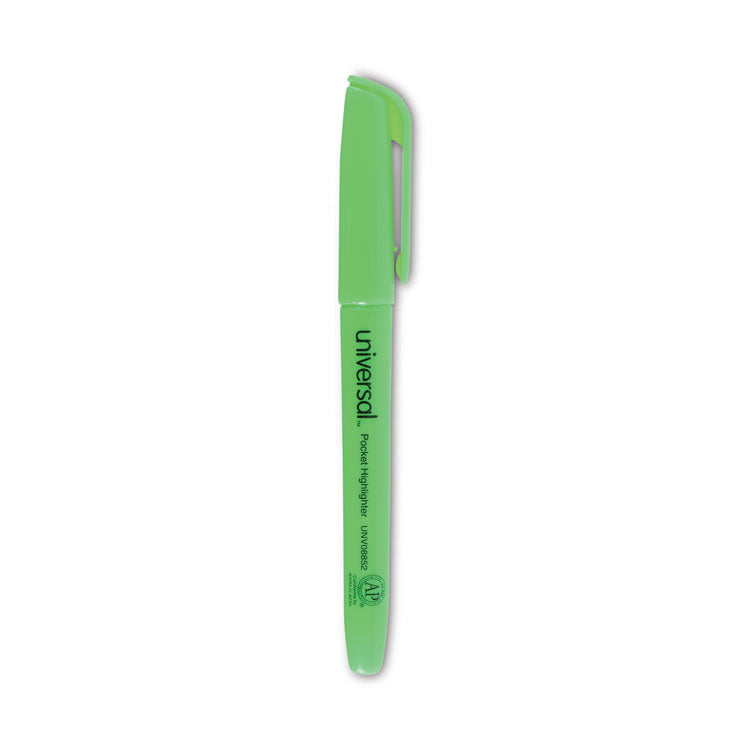 Universal - Pocket Highlighters, Fluorescent Green Ink, Chisel Tip, Green Barrel, Dozen