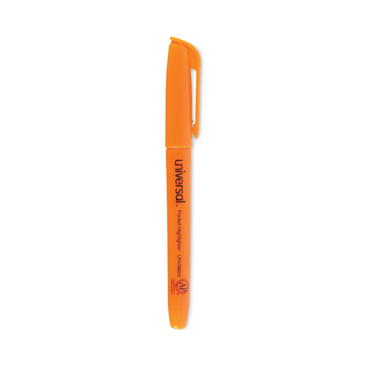 Universal - Pocket Highlighters, Fluorescent Orange Ink, Chisel Tip, Orange Barrel, Dozen