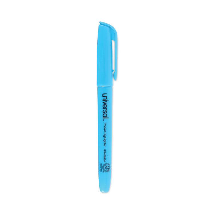 Universal - Pocket Highlighters, Fluorescent Blue Ink, Chisel Tip, Blue Barrel, Dozen