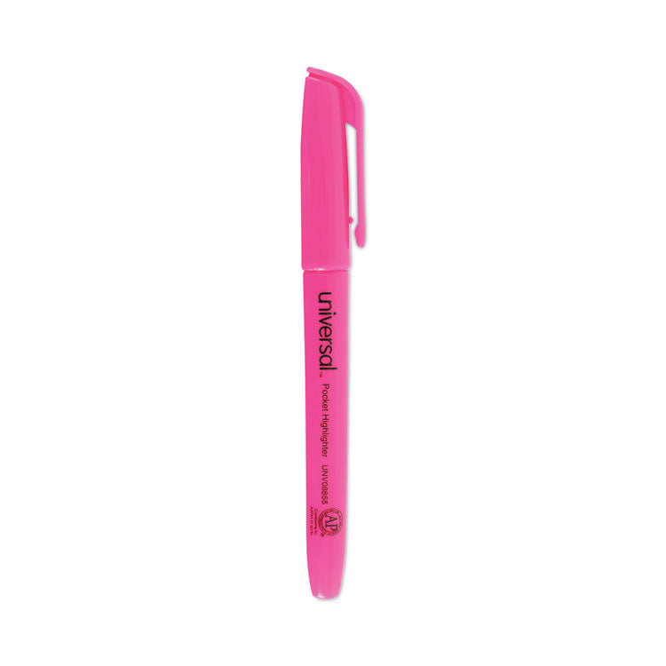 Universal - Pocket Highlighters, Fluorescent Pink Ink, Chisel Tip, Pink Barrel, Dozen