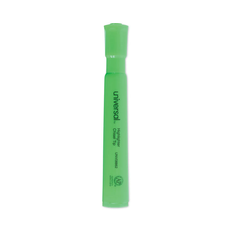 Universal - Desk Highlighters, Fluorescent Green Ink, Chisel Tip, Green Barrel, Dozen