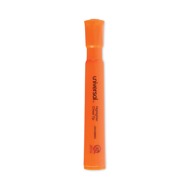 Universal - Desk Highlighters, Fluorescent Orange Ink, Chisel Tip, Orange Barrel, Dozen