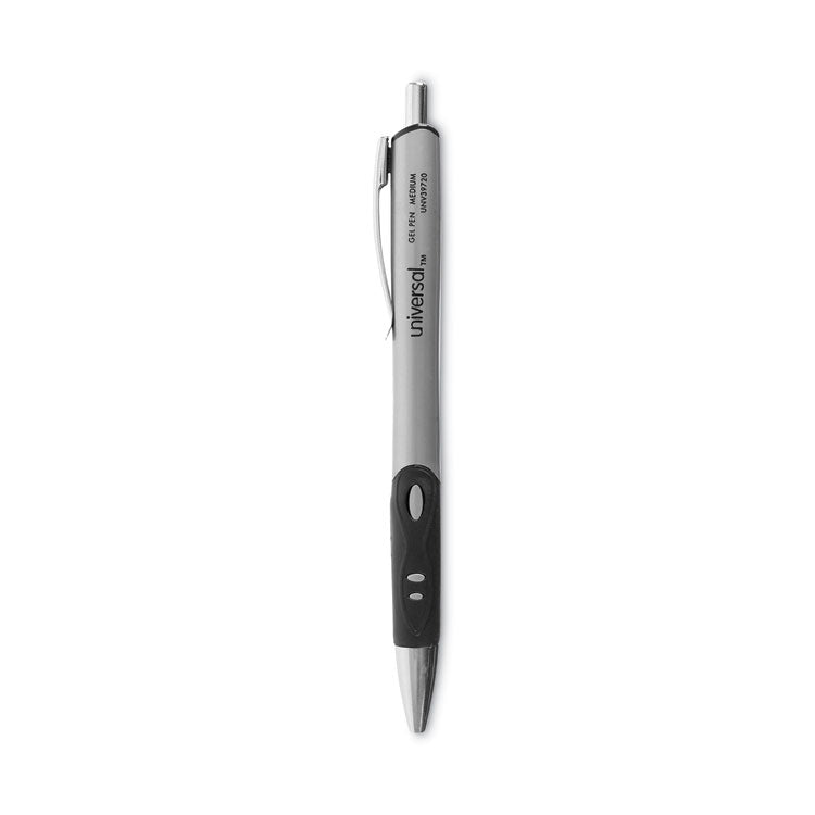 Universal - Comfort Grip Gel Pen, Retractable, Medium 0.7 mm, Black Ink, Silver Barrel, Dozen