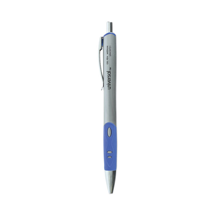 Universal - Comfort Grip Gel Pen, Retractable, Medium 0.7 mm, Blue Ink, Silver Barrel, Dozen